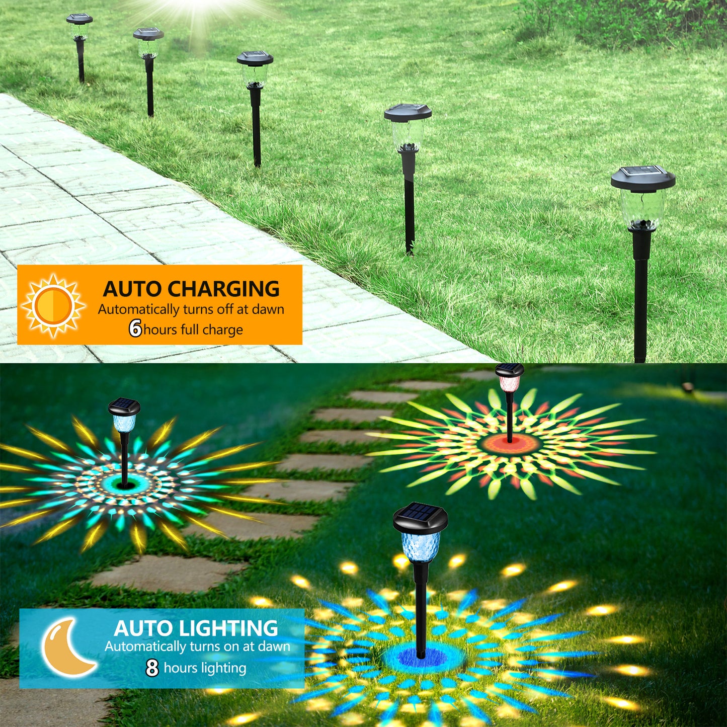 Solar Outdoor Lights,6 Pack Dream Dynamic Solar Pathway Lights,Waterproof Color Changing Solar Walkway Lights Maintain 10 Hours of Lighting