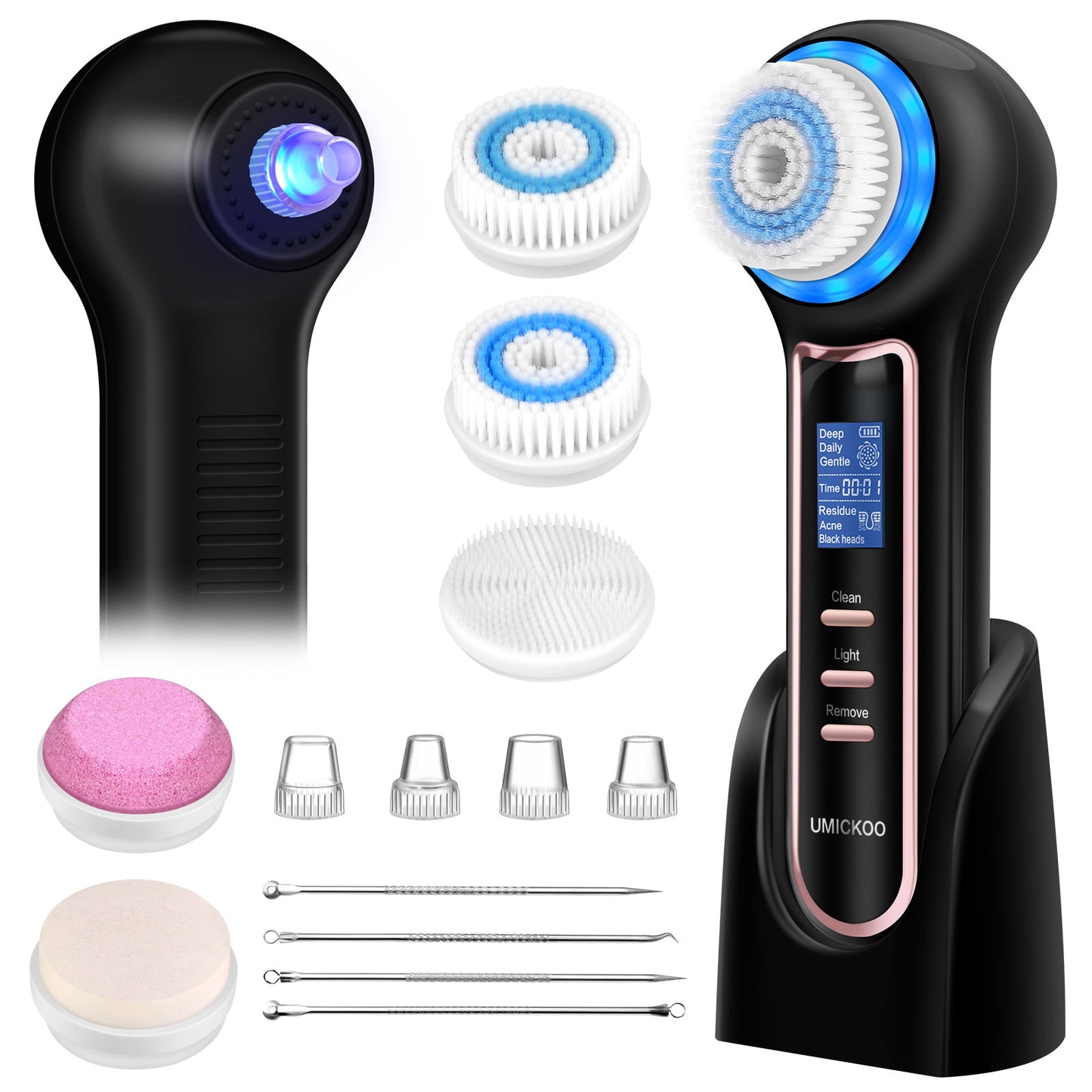 UMICKOO Blackhead Remover Vacuum,Rechargeable Facial Cleansing Brush with LCD Screen,IPX7 Waterproof 3 in 1 Face Scrubber Brush for Exfoliating, Massaging and Deep Pore Cleansing Black