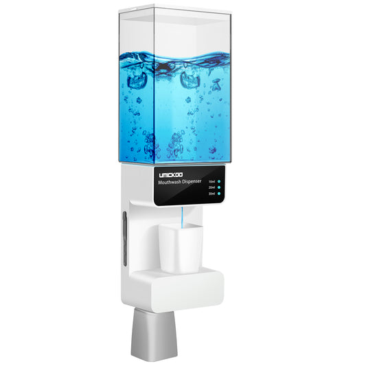 UMICKOO Automatic Mouthwash Dispenser Touchless 700mL(23.67 Oz),Wall Mounted Mouth Wash Dispenser for Bathroom with Magnetic Cups,Perfect for Kids and Adults White