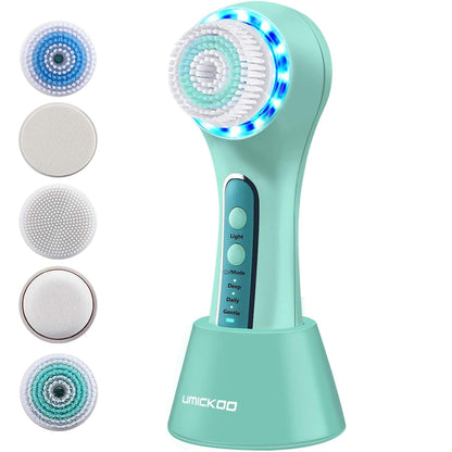 UMICKOO Facial Cleansing Brush,Rechargeable IPX7 Waterproof Face Scrubber with 5 Brush Heads,Face Spin Brush for Exfoliating, Massaging and Deep Cleansing Mint