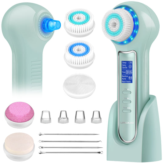 UMICKOO Blackhead Remover Vacuum,Rechargeable Facial Cleansing Brush with LCD Screen,IPX7 Waterproof 3 in 1 Face Scrubber Brush for Exfoliating, Massaging and Deep Pore Cleansing Green