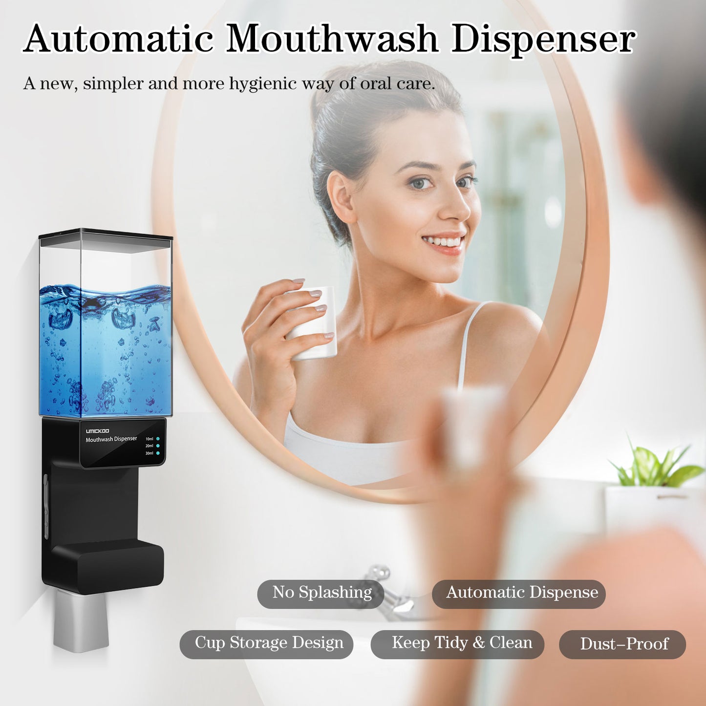 UMICKOO Automatic Mouthwash Dispenser Touchless 700mL(23.67 Oz),Wall Mounted Mouth Wash Dispenser for Bathroom with Magnetic Cups,Perfect for Kids and Adults Black