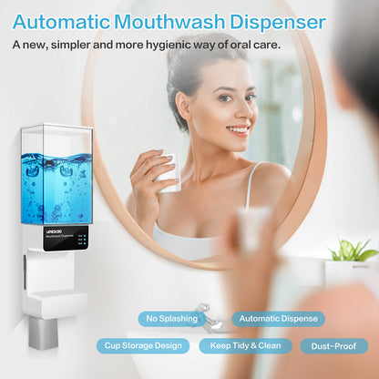 UMICKOO Automatic Mouthwash Dispenser Touchless 700mL(23.67 Oz),Wall Mounted Mouth Wash Dispenser for Bathroom with Magnetic Cups,Perfect for Kids and Adults White