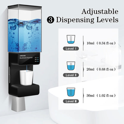 UMICKOO Automatic Mouthwash Dispenser Touchless 700mL(23.67 Oz),Wall Mounted Mouth Wash Dispenser for Bathroom with Magnetic Cups,Perfect for Kids and Adults Black