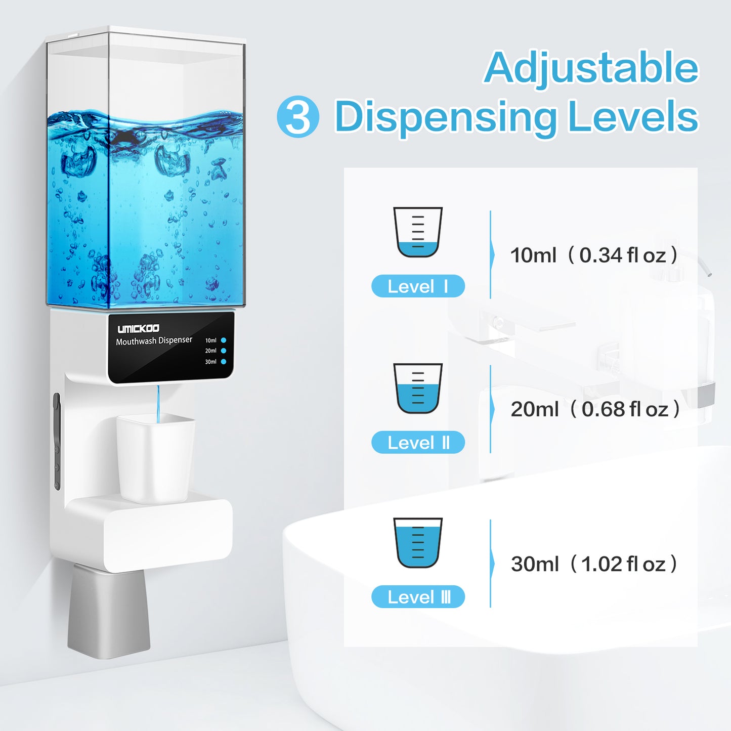 UMICKOO Automatic Mouthwash Dispenser Touchless 700mL(23.67 Oz),Wall Mounted Mouth Wash Dispenser for Bathroom with Magnetic Cups,Perfect for Kids and Adults White