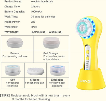 UMICKOO Facial Cleansing Brush,Rechargeable IPX7 Waterproof Face Scrubber with 5 Brush Heads,Face Spin Brush for Exfoliating, Massaging and Deep Cleansing Yellow