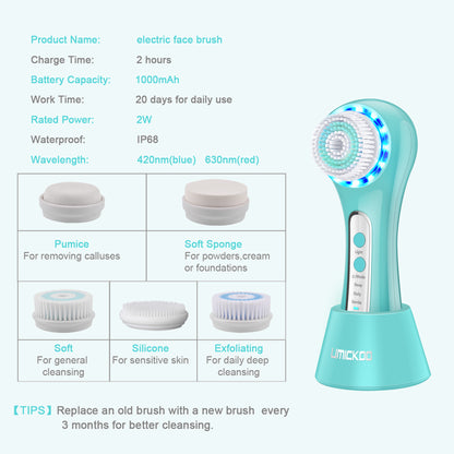 UMICKOO Facial Cleansing Brush,Rechargeable IPX7 Waterproof Face Scrubber with 5 Brush Heads,Face Spin Brush for Exfoliating, Massaging and Deep Cleansing Blue