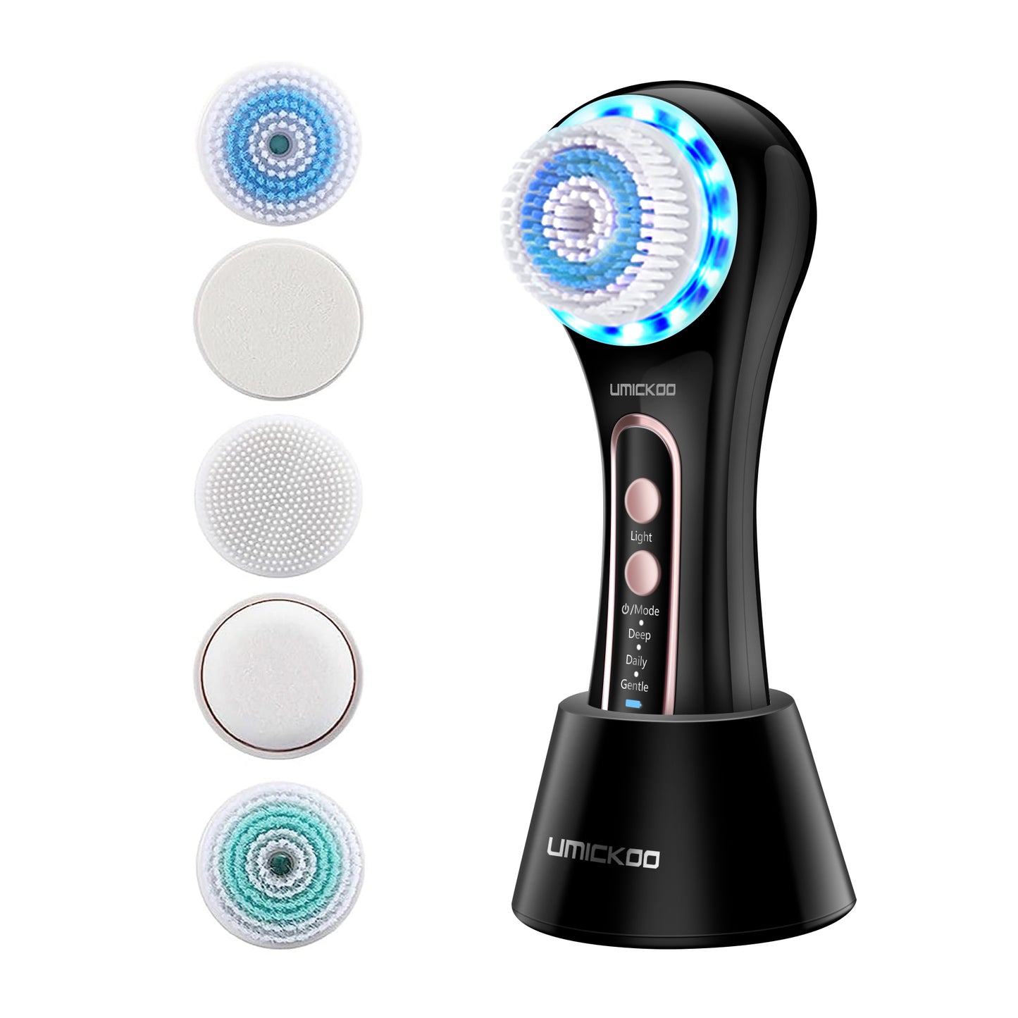 UMICKOO Facial Cleansing Brush,Rechargeable IPX7 Waterproof Face Scrubber with 5 Brush Heads,Face Spin Brush for Exfoliating, Massaging and Deep Cleansing Black