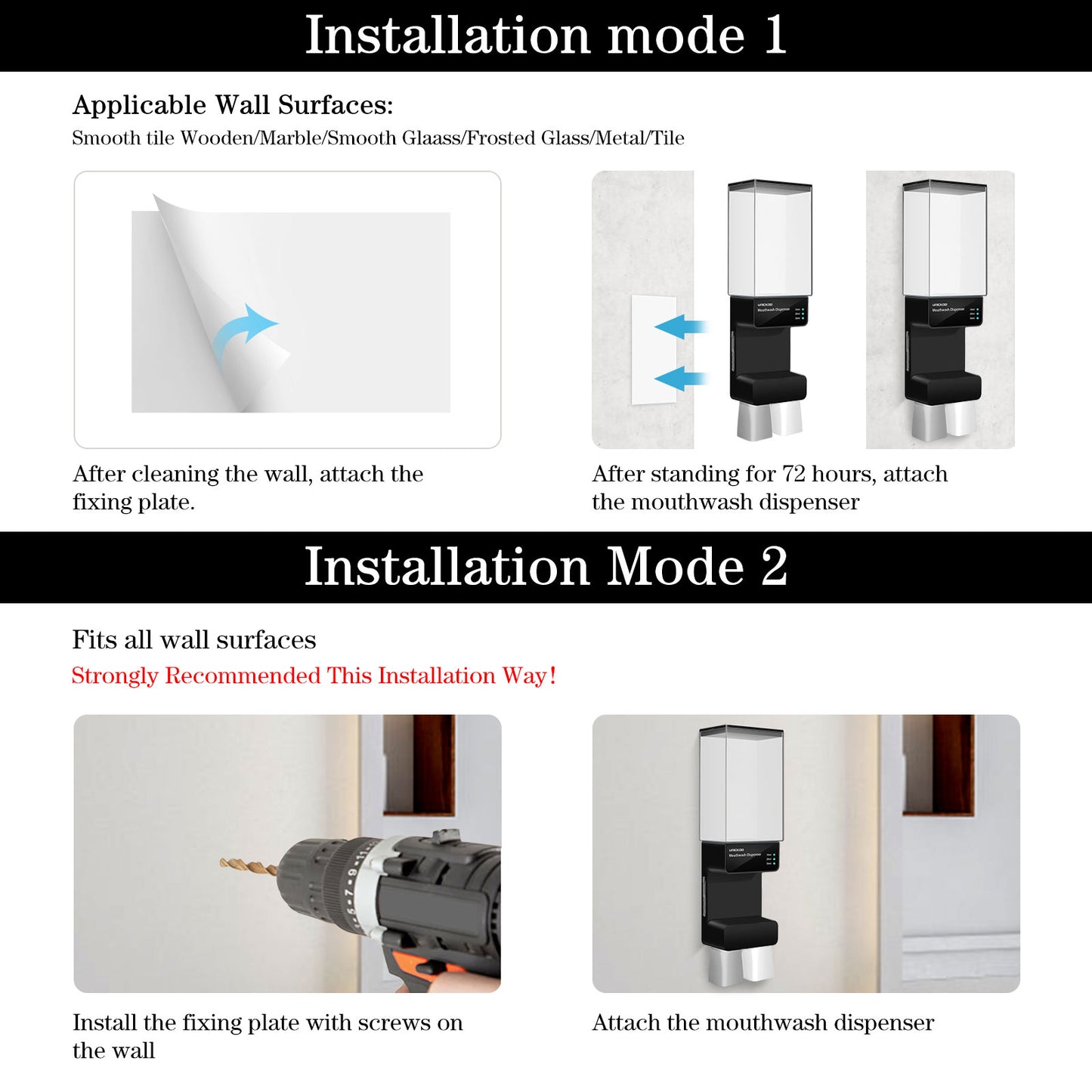 UMICKOO Automatic Mouthwash Dispenser Touchless 700mL(23.67 Oz),Wall Mounted Mouth Wash Dispenser for Bathroom with Magnetic Cups,Perfect for Kids and Adults Black