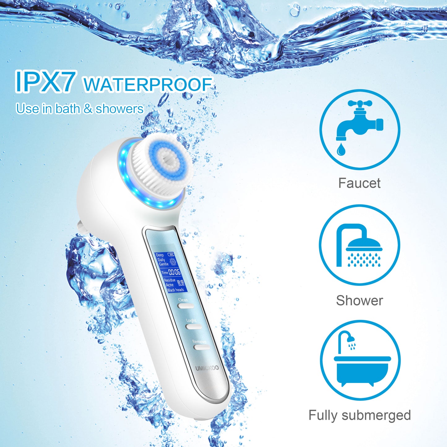 UMICKOO Blackhead Remover Vacuum,Rechargeable Facial Cleansing Brush with LCD Screen,IPX7 Waterproof 3 in 1 Face Scrubber Brush for Exfoliating, Massaging and Deep Pore Cleansing White-Blue