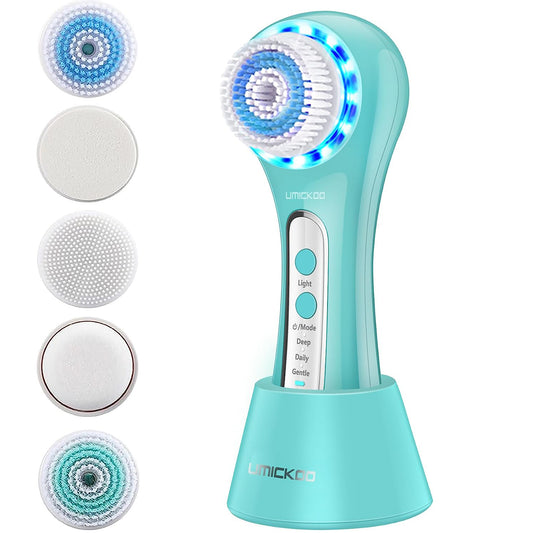 UMICKOO Facial Cleansing Brush,Rechargeable IPX7 Waterproof Face Scrubber with 5 Brush Heads,Face Spin Brush for Exfoliating, Massaging and Deep Cleansing Blue