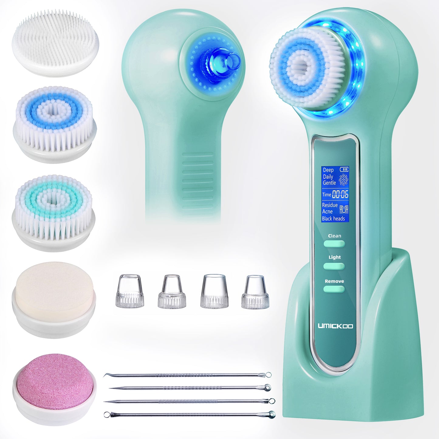 UMICKOO Blackhead Remover Vacuum,Rechargeable Facial Cleansing Brush with LCD Screen,IPX7 Waterproof 3 in 1 Face Scrubber Brush for Exfoliating, Massaging and Deep Pore Cleansing Mint