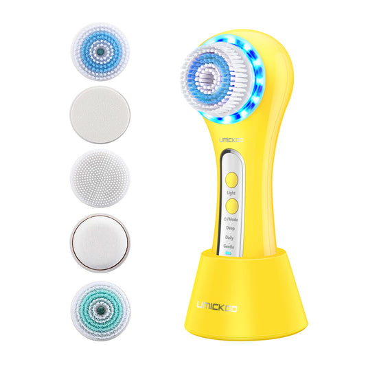 UMICKOO Facial Cleansing Brush,Rechargeable IPX7 Waterproof Face Scrubber with 5 Brush Heads,Face Spin Brush for Exfoliating, Massaging and Deep Cleansing Yellow